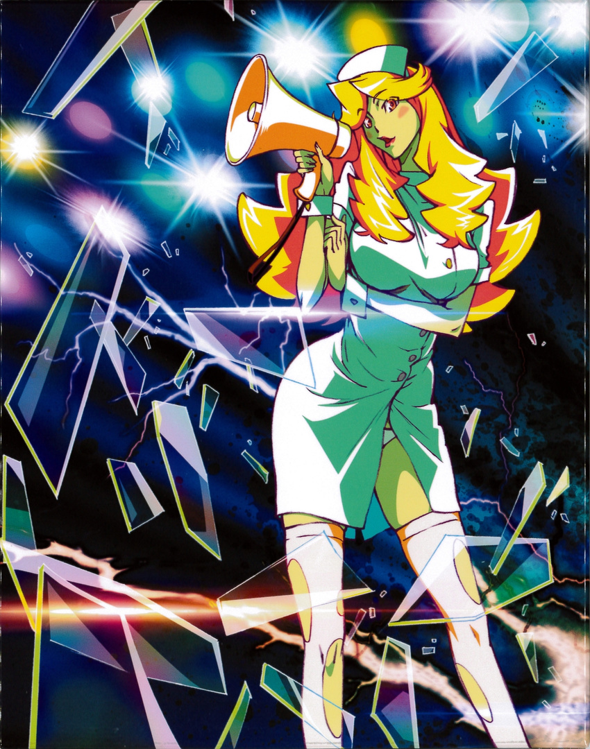 1girl blonde_hair broken_glass brown_eyes curly_hair glass hat honey_(space_dandy) lipstick looking_at_viewer makeup megaphone nurse nurse_cap official_art panties solo space_dandy stage_lights thighhighs torn_legwear underwear