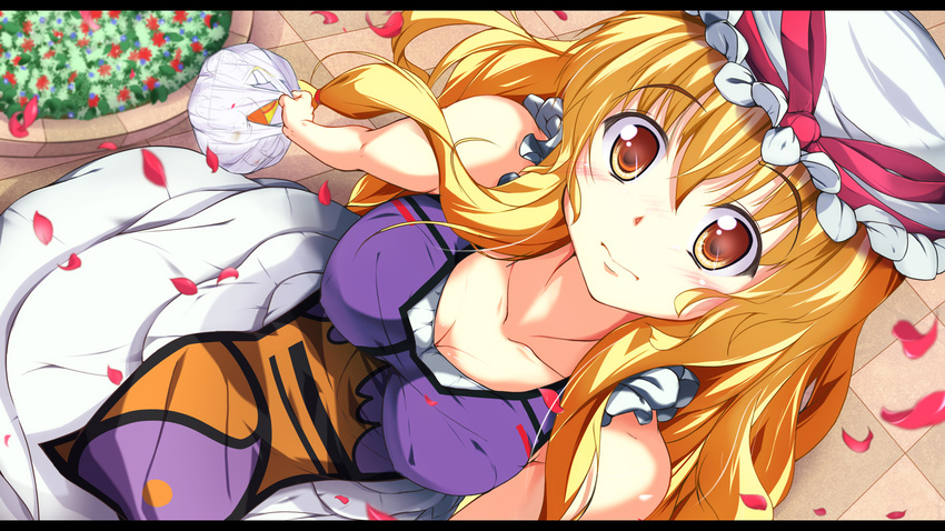 adapted_costume bag blonde_hair blush breasts brown_eyes cleavage collarbone downblouse dress dutch_angle eyebrows from_above hat highres long_hair looking_at_viewer medium_breasts mob_cap nanase_nanami petals plastic_bag ribbon solo sundress tabard touhou yakumo_yukari