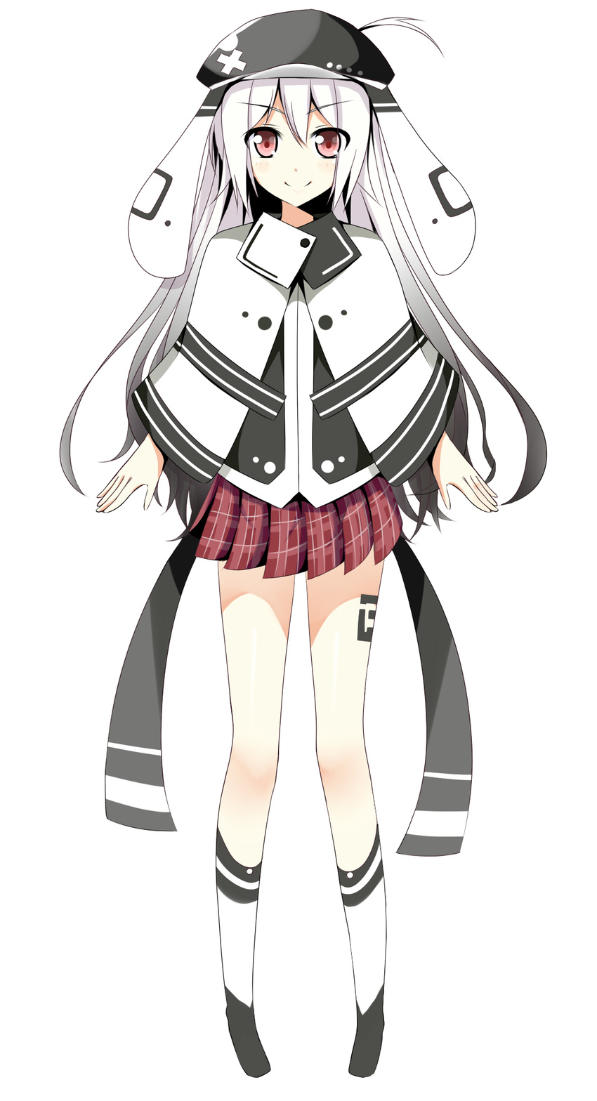 blush capelet full_body hat highres long_hair looking_at_viewer original pigeon-toed plaid plaid_skirt pleated_skirt red_eyes silver_hair simple_background skirt smile solo standing tazaki_hayato white_background