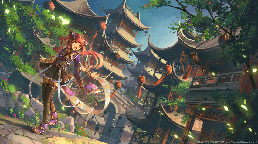 architecture bespin bow building city dutch_angle east_asian_architecture lantern lattice long_hair open_mouth original paper_lantern pleated_skirt red_eyes red_hair road skirt smile solo tassel thighhighs tree walking watermark zettai_ryouiki