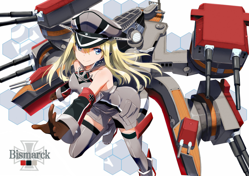 anchor bare_shoulders bismarck_(kantai_collection) blonde_hair blue_eyes brown_gloves character_name detached_sleeves gloves gochou_(atemonai_heya) grey_legwear hat highres kantai_collection long_hair machinery peaked_cap smile solo thighhighs