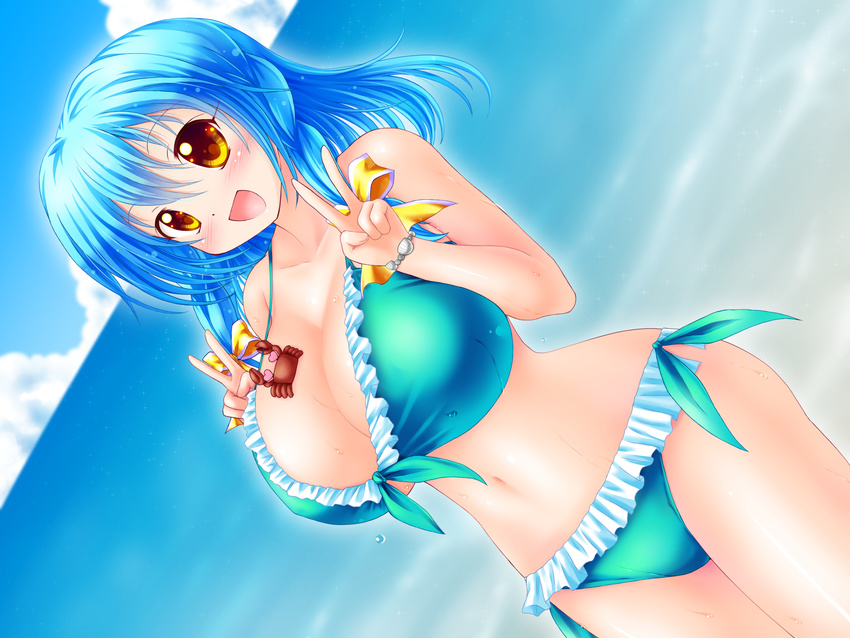 1girl beach bikini blue_hair blush breasts cleavage cloud collarbone double_v female highres hips huge_breasts kogarashi_(wind_of_winter) navel ocean open_mouth original outdoors shiny shiny_skin smile solo standing swimsuit thighs v water wet yellow_eyes