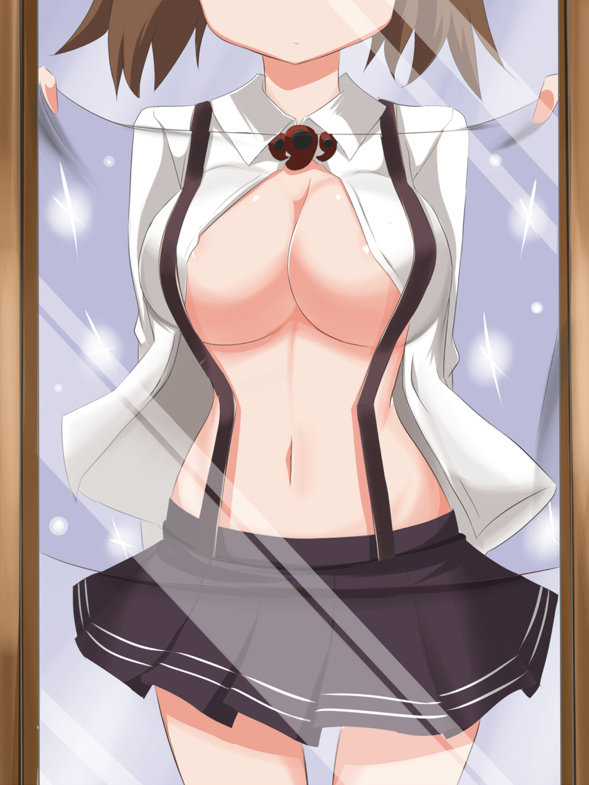 bin1998 breasts brown_hair commentary female_pov head_out_of_frame highres kantai_collection large_breasts midriff mirror navel open_clothes open_shirt pov reflection reverse_x-ray ryuujou_(kantai_collection) shirt solo sparkle twintails when_you_see_it