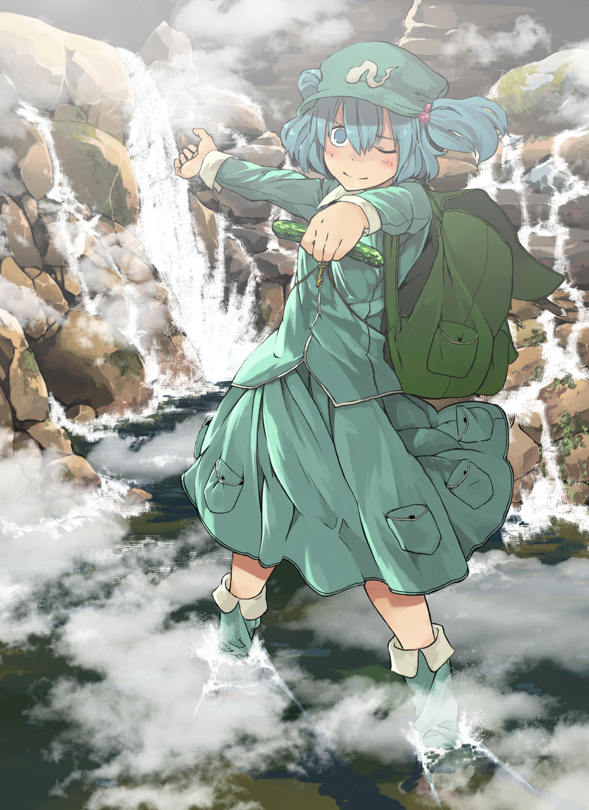 backpack bad_id bad_pixiv_id bag blue_eyes blue_hair cucumber hair_bobbles hair_ornament hat highres kawashiro_nitori key looking_at_viewer one_eye_closed outstretched_arm rock short_hair smile solo touhou two_side_up water waterfall yaminabe_atochi