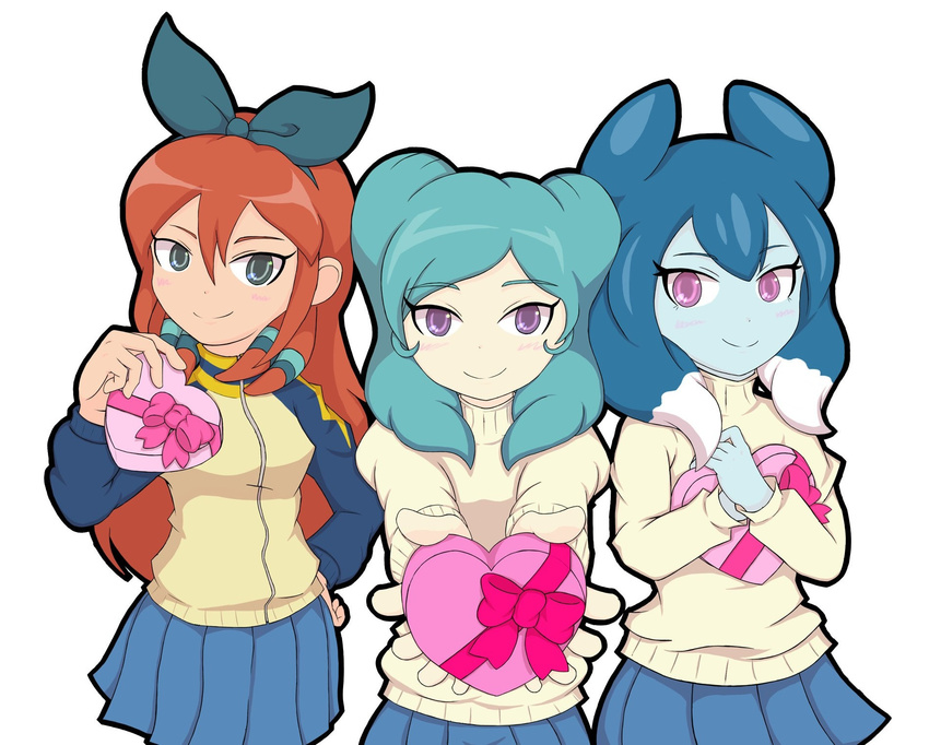 aqua_hair beta_(inazuma_eleven) blue_hair blue_skin blue_skirt blush gift green_eyes hair_ribbon hand_on_hip heart highres inazuma_eleven_(series) inazuma_eleven_go inazuma_eleven_go_chrono_stone inazuma_eleven_go_galaxy incoming_gift jacket long_hair looking_at_viewer multicolored_hair multiple_girls pink_eyes pleated_skirt powai_pichori purple_eyes raimon raimon_school_uniform red_hair ribbon school_uniform seto_midori shiratama_(0417ss) simple_background skirt smile sweater track_jacket two-tone_hair white_background white_hair