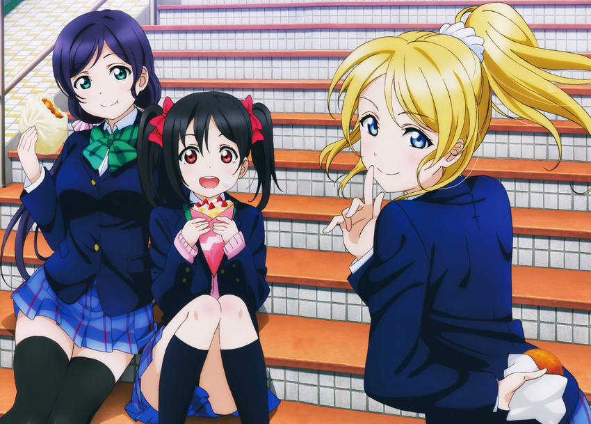 :d :t absurdres arm_behind_back ayase_eli baozi black_hair black_legwear blazer blonde_hair blue_eyes blue_hair bow crepe finger_to_mouth food green_eyes hair_bow highres jacket kneehighs legs looking_back love_live! love_live!_school_idol_project multiple_girls non-web_source official_art open_mouth otonokizaka_school_uniform pink_scrunchie pleated_skirt ponytail red_eyes school_uniform scrunchie sitting sitting_on_stairs skirt smile socks stairs thighhighs toujou_nozomi twintails white_scrunchie yazawa_nico zettai_ryouiki