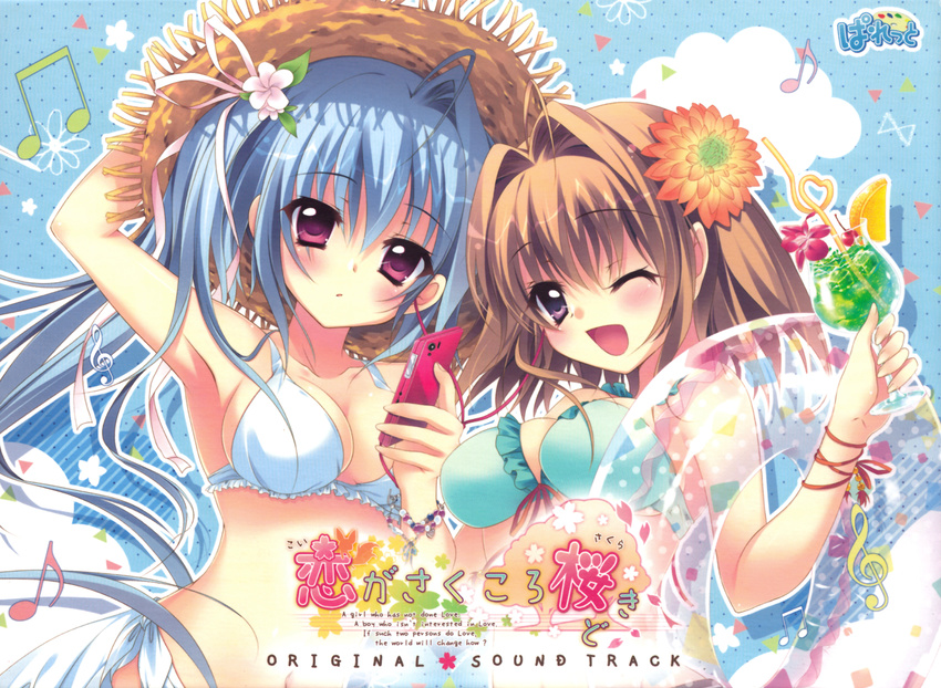 ;d absurdres bikini blue_bikini blue_hair breasts brown_hair cellphone cleavage dahlia disc_cover flower hair_flower hair_intakes hair_ornament hat highres huge_filesize ichinose_mio_(koi_ga_saku_koro_sakura_doki) innertube izumi_tsubasu koi_ga_saku_koro_sakura_doki medium_breasts multiple_girls musical_note one_eye_closed open_mouth orchid phone purple_eyes single_hair_intake smile straw_hat swimsuit tsukishima_yuuri white_bikini