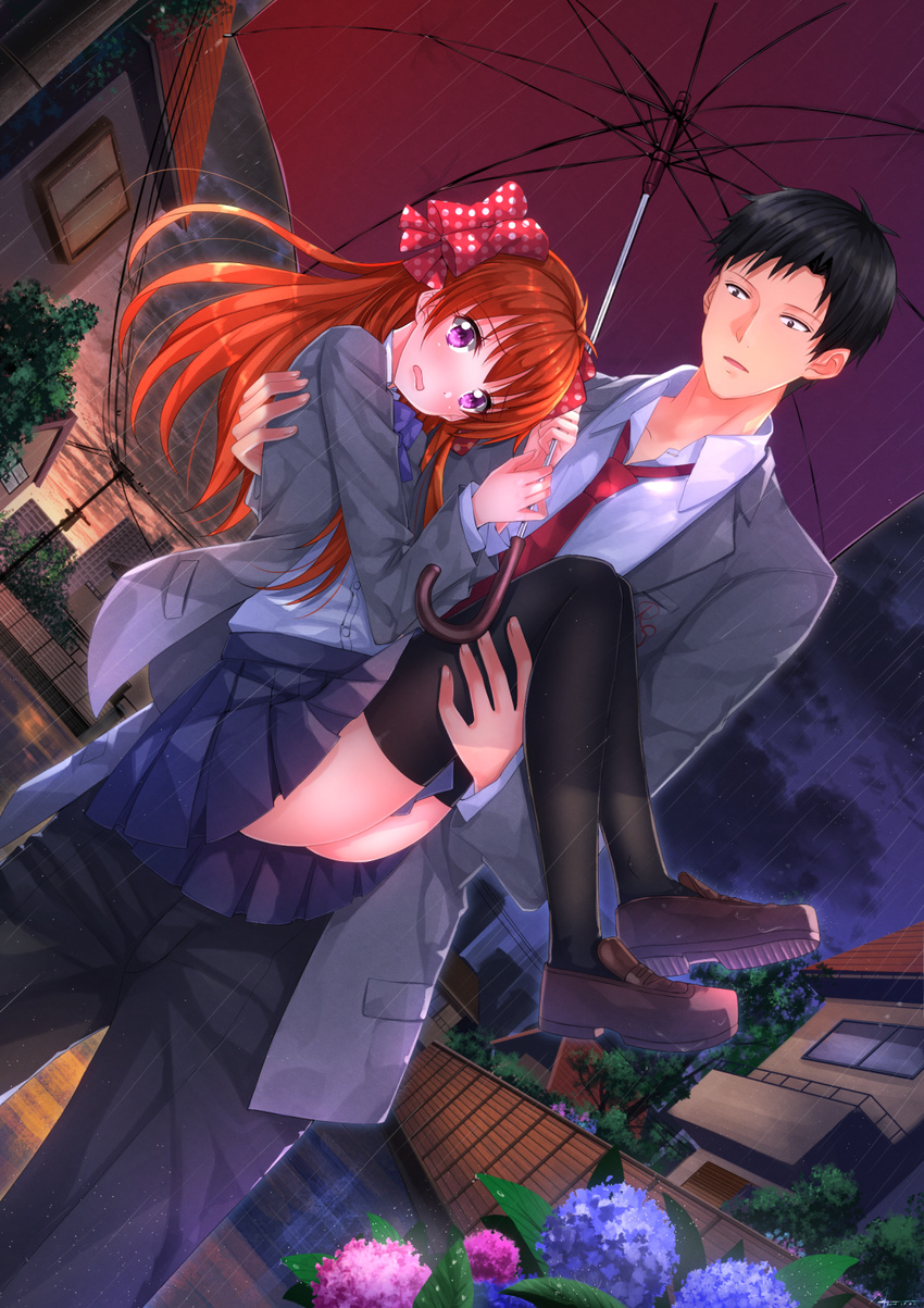 1girl black_hair black_legwear blush bow brown_hair carrying d: dutch_angle gekkan_shoujo_nozaki-kun highres long_legs necktie nozaki_umetarou open_mouth pants polka_dot polka_dot_bow princess_carry purple_eyes rain rouman_academy_uniform sakura_chiyo school_uniform skirt sweater_vest swordsouls thighhighs umbrella