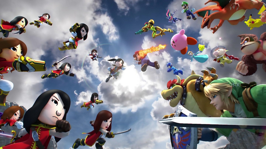 akb48 arm_cannon battle bowser capcom charizard cloud cloudy_sky crossover donkey_kong donkey_kong_(series) epic greninja highres kirby kirby_(series) link luigi mario metroid mii_(nintendo) nintendo olimar pikachu pikmin pikmin_(creature) pokemon red_pikmin rockman rockman_(character) rosalina_(mario) rosetta_(mario) samus_aran screencap shield sky super_mario_bros. super_mario_galaxy super_smash_bros. sword the_legend_of_zelda weapon