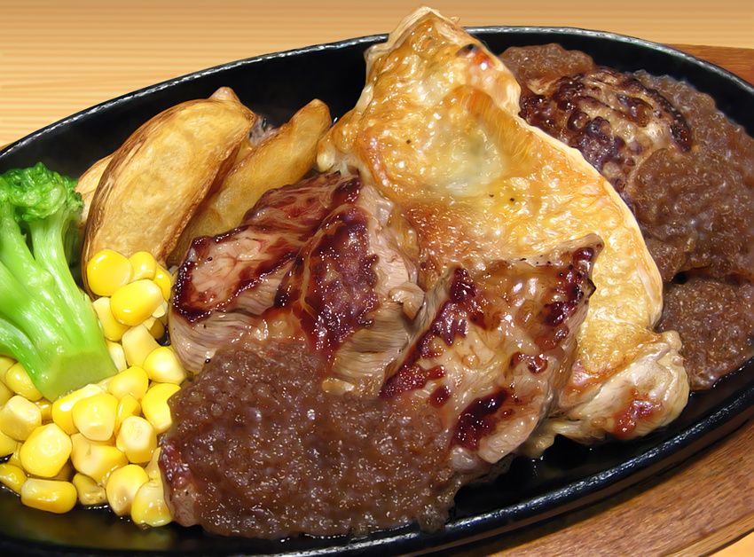 broccoli chicken_(food) commentary_request corn food food_focus meat no_humans original photorealistic plate potato_wedges realistic steak toshi_(hokkaido2015)