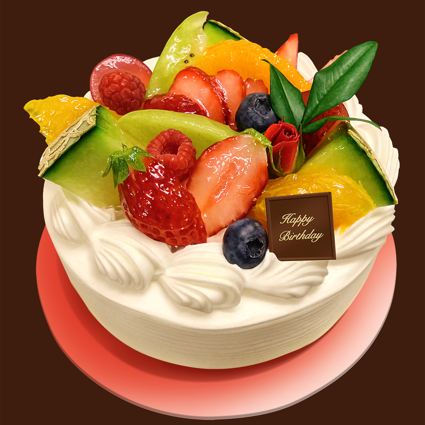 blueberry cake english flower food fruit happy_birthday highres hokkaido_(artist) melon no_humans original peach photorealistic raspberry rose strawberry