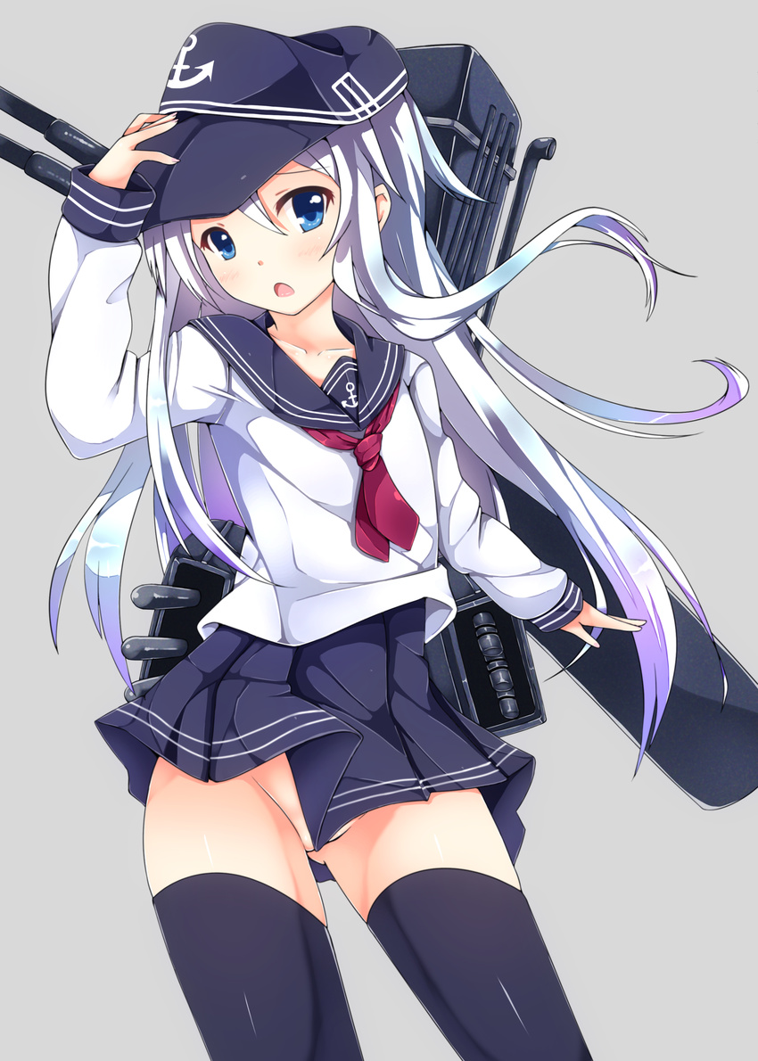 absurdres black_legwear blue_eyes convenient_censoring erimu grey_background hand_on_headwear hat hibiki_(kantai_collection) highres kantai_collection long_hair no_panties open_mouth pleated_skirt school_uniform serafuku silver_hair simple_background skirt solo standing thighhighs
