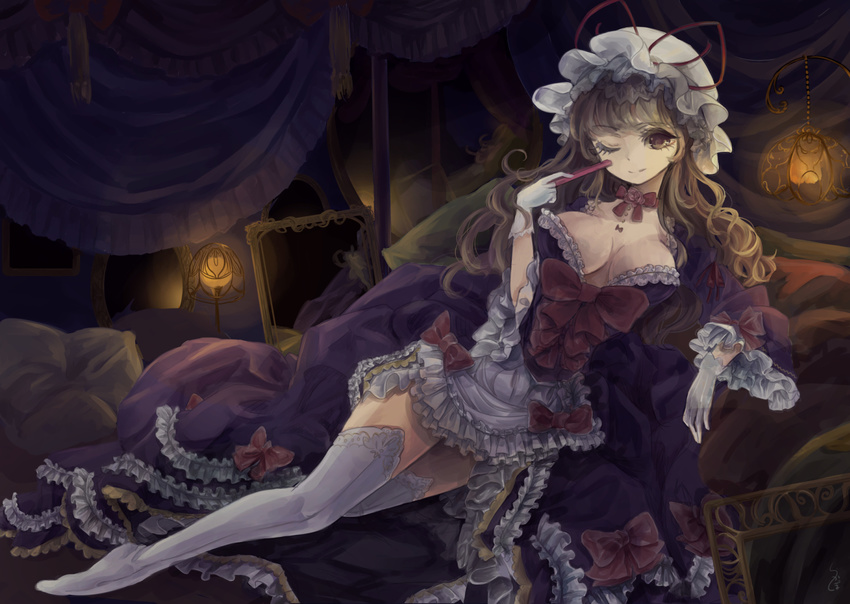 blonde_hair bow breasts cleavage dress hat hat_ribbon highres lace lace-trimmed_thighhighs lamp large_breasts light_smile long_hair long_sleeves lying mob_cap on_side one_eye_closed purple_dress purple_eyes ribbon rikapo solo thighhighs touhou very_long_hair white_legwear wide_sleeves yakumo_yukari