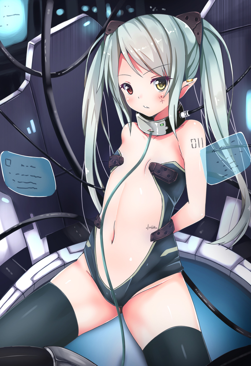 absurdres arms_behind_back bad_id bad_pixiv_id cable center_opening collar erimu flat_chest heterochromia highres holographic_monitor leotard long_hair navel original pointy_ears silver_hair sitting solo thighhighs twintails