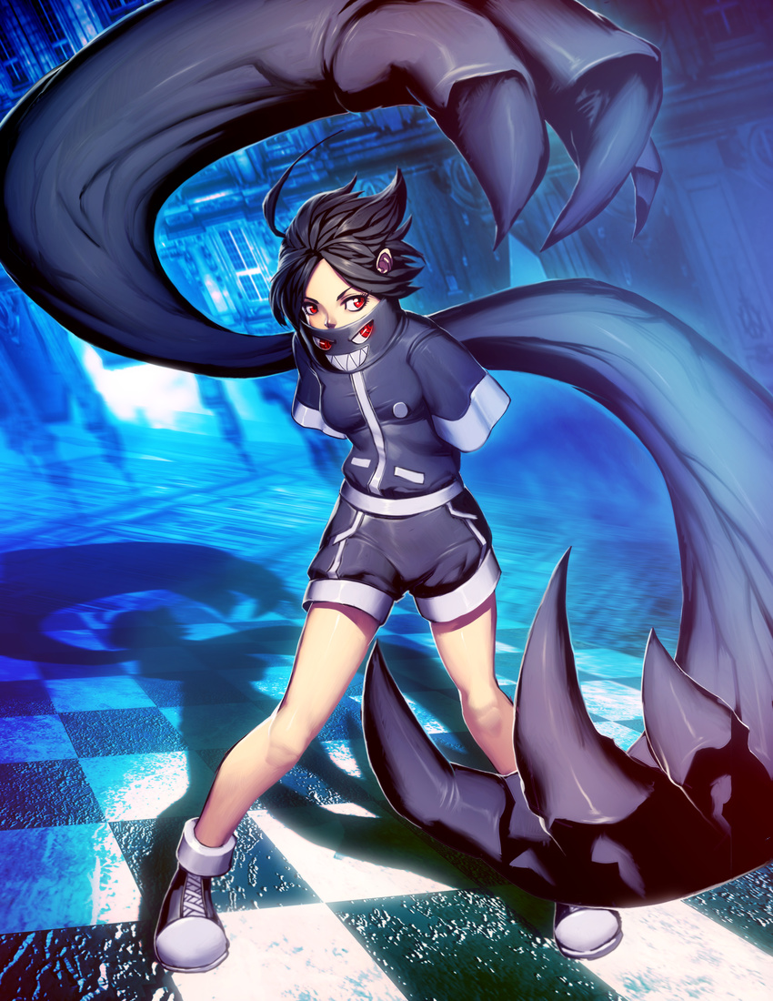 absurdres ahoge amputee black_hair checkered checkered_floor genzoman highres kurosho_(achthenuts) md5_mismatch no_arms original red_eyes resized solo upscaled