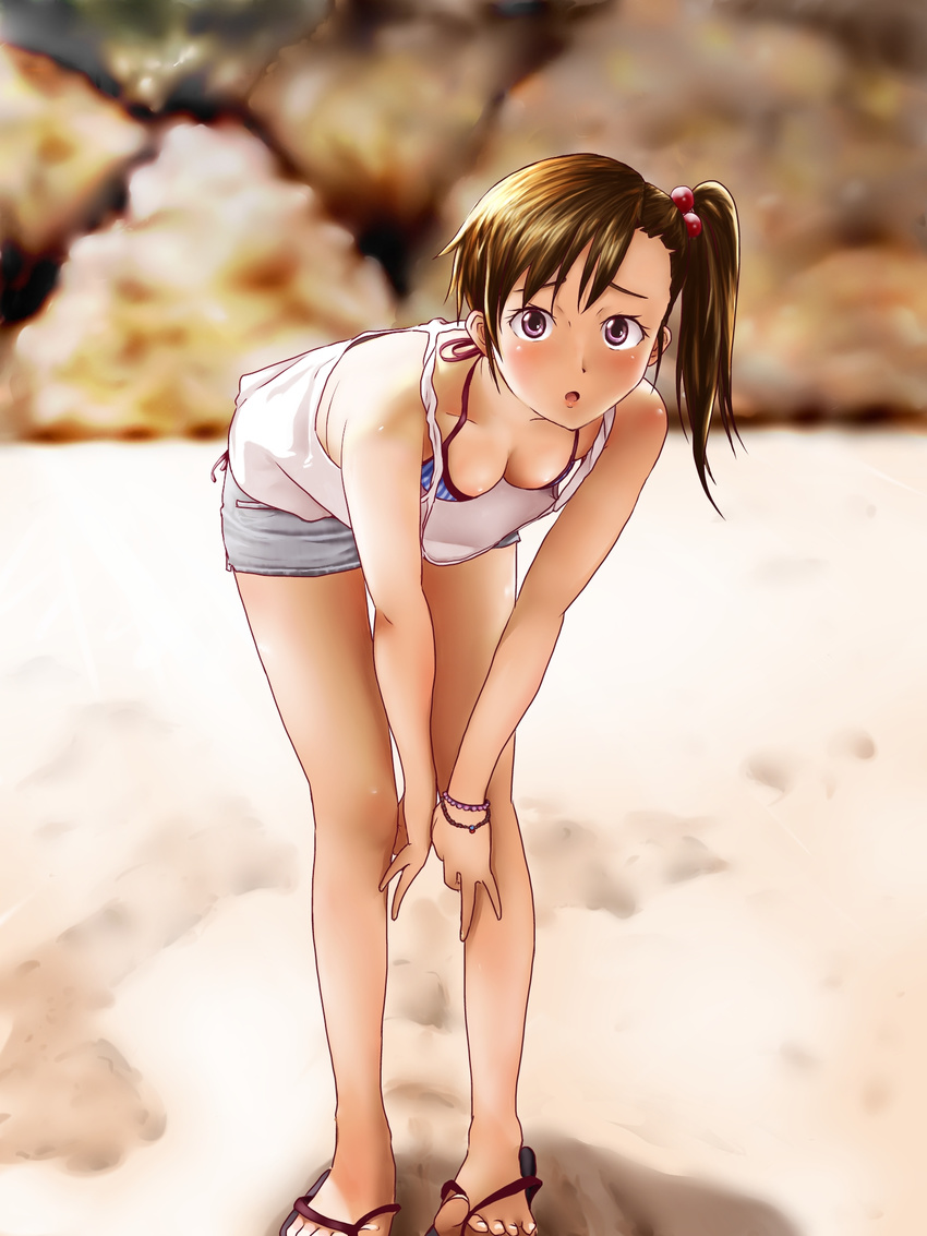 :o beach bent_over bikini_top blush bracelet breasts brown_hair camisole cleavage downblouse futami_mami hair_bobbles hair_ornament highres idolmaster idolmaster_(classic) idolmaster_2 jewelry kamui_(summer-illusion) leaning_forward looking_at_viewer medium_breasts open_mouth purple_eyes sandals shorts side_ponytail solo standing swimsuit swimsuit_under_clothes v_arms