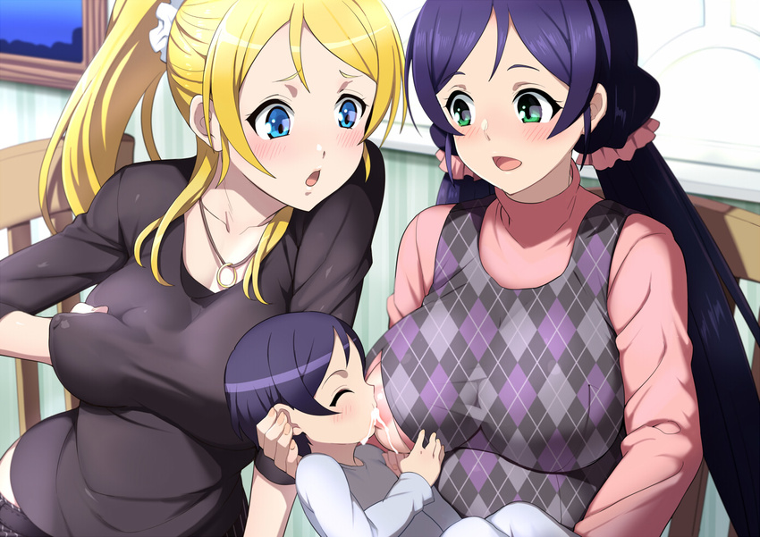 :d :o age_difference areolae argyle ayase_eli baby bangs blonde_hair blue_eyes blue_hair blush breast_feeding breast_hold breast_slip breasts carrying chair child closed_eyes covered_nipples green_eyes hand_on_another's_head happy high_ponytail indoors jealous jewelry lactation large_breasts leaning long_hair long_sleeves looking_down love_live! love_live!_school_idol_project low_twintails mature mother_and_child multiple_girls necklace no_bra nursing_sweater older one_breast_out open_mouth pantyhose pink_scrunchie ponytail princess_carry puffy_nipples raised_eyebrows ring scrunchie shin'ya_(shin'yanchi) shirt sidelocks sitting smile sweater swept_bangs taut_clothes toujou_nozomi turtleneck twintails unmoving_pattern upper_body very_long_hair white_legwear white_scrunchie wide_hips