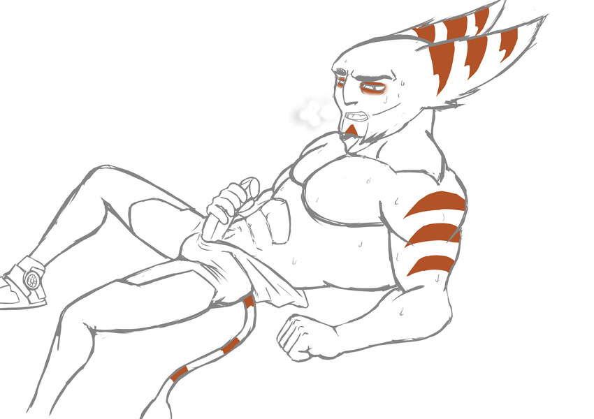 abs alister_azimuth anso/rez anthro bulge clothed clothing erection fur half-dressed lombax lying male mammal masturbation muscles on_back open_mouth panting pecs penis ratchet_and_clank solo stripes sweat teeth video_games