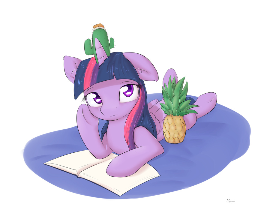 2014 alasou alpha_channel book cactus equine eyelashes female feral friendship_is_magic fur hair horn looking_at_viewer lying mammal my_little_pony on_front pineapple plain_background purple_eyes purple_fur purple_hair solo transparent_background twilight_sparkle_(mlp) winged_unicorn wings