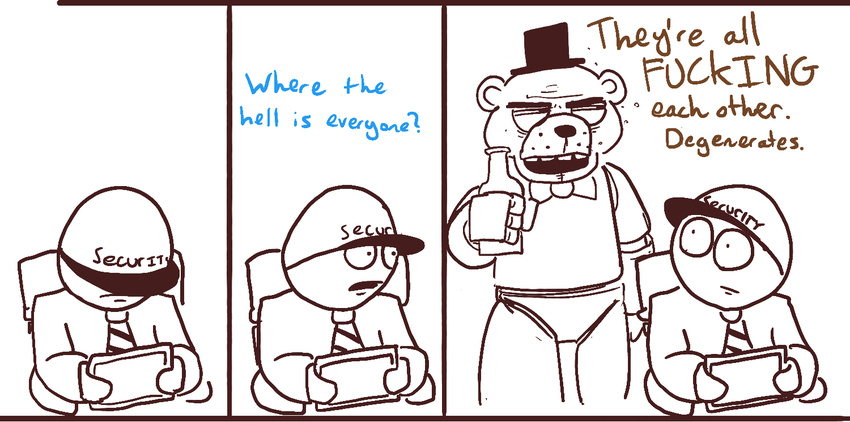 2014 alcohol animatronic bear beverage comic dialog drunk english_text five_nights_at_freddy's freddy_(fnaf) hat human humor male mammal mike_schmidt tablet text