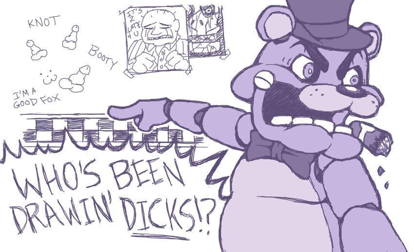 :3 angry animatronic bear bow_tie cigar drawing english_text five_nights_at_freddy's freddy_(fnaf) games graffiti hat human humor knot machine male mammal mechanical penis pointing poster sqrlyjack text