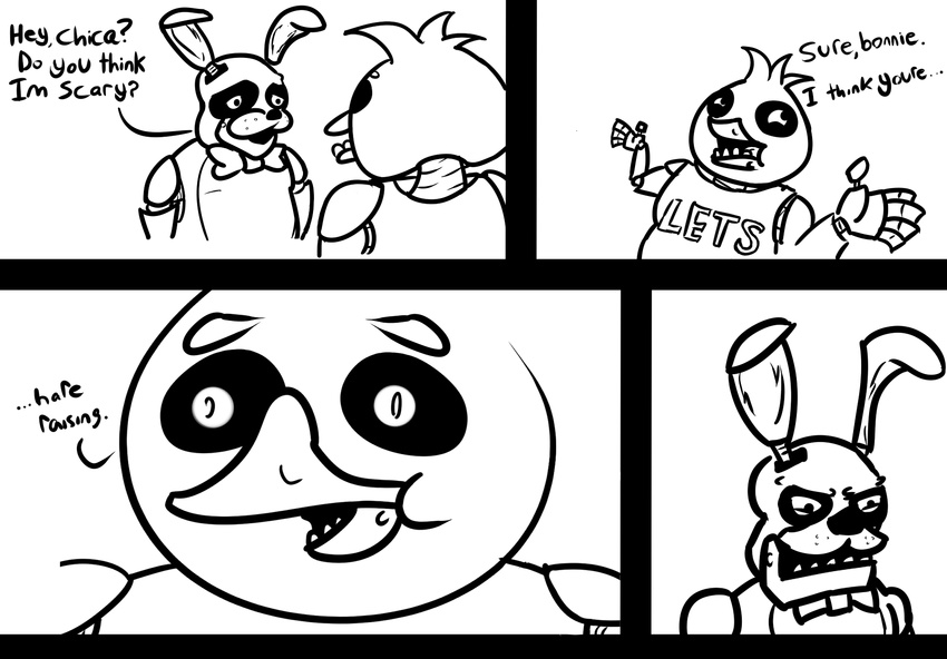 avian bird bonnie_(fnaf) chica_(fnaf) comic dialog duck five_nights_at_freddy's grinder humor joke lagomorph machine mammal mechanical pun rabbit robot stump_grinder uncolored