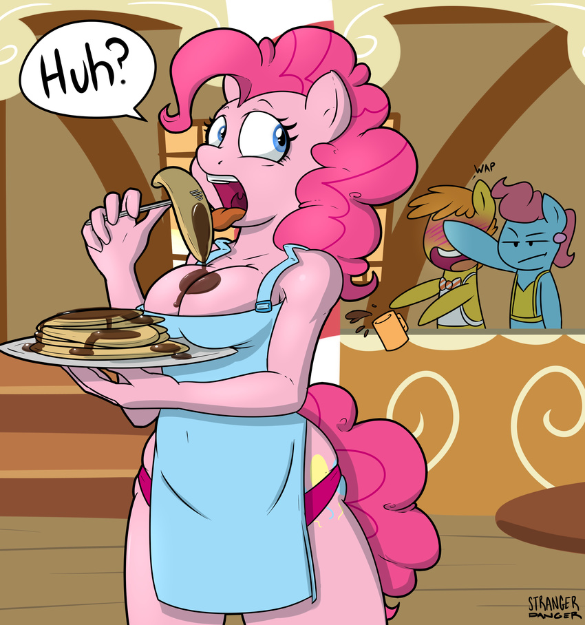 2014 absurd_res anthro anthrofied apron big_breasts blue_eyes blue_fur blush breasts cleavage clothed clothing cup cutie_mark earth_pony eating equine female food friendship_is_magic fur group hair hi_res horse male mammal mr_cake_(mlp) mrs_cake_(mlp) my_little_pony open_mouth pancake pink_fur pink_hair pinkie_pie_(mlp) pony strangerdanger tongue tongue_out