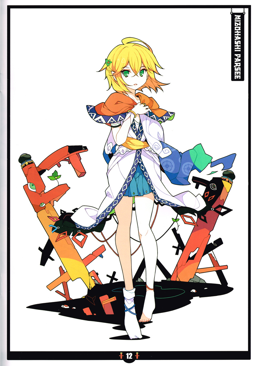 absurdres adapted_costume alternate_costume barefoot blonde_hair broken capelet character_name eyes flower full_body green_eyes hair_flower hair_ornament highres ideolo looking_at_viewer mizuhashi_parsee open_mouth scan short_hair short_sleeves simple_background skirt socks solo touhou vest white_background white_legwear