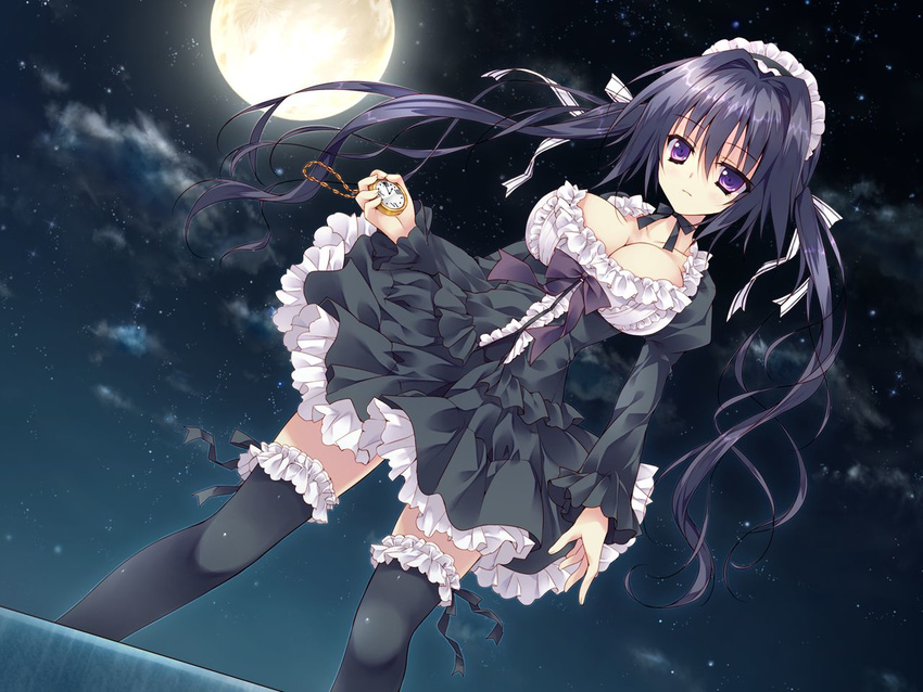 black_hair breasts chiisana_kanojo_no_serenade cleavage dutch_angle frilled_legwear frilled_skirt frills full_moon game_cg gothic hair_ribbon herurun large_breasts long_hair maid_headdress moon neck_ribbon night night_sky pocket_watch purple_eyes ribbon shirasato_karin skirt sky solo thighhighs twintails watch