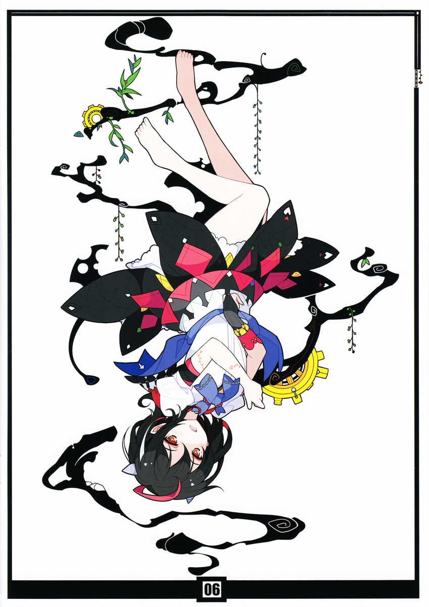 absurdres adapted_costume alternate_costume barefoot black_hair bow dress full_body gloves highres horns ideolo kijin_seija looking_at_viewer multicolored_hair open_mouth pointy_ears puffy_sleeves red_eyes red_hair ribbon sash scan short_hair short_sleeves simple_background solo touhou upside-down white_background white_hair