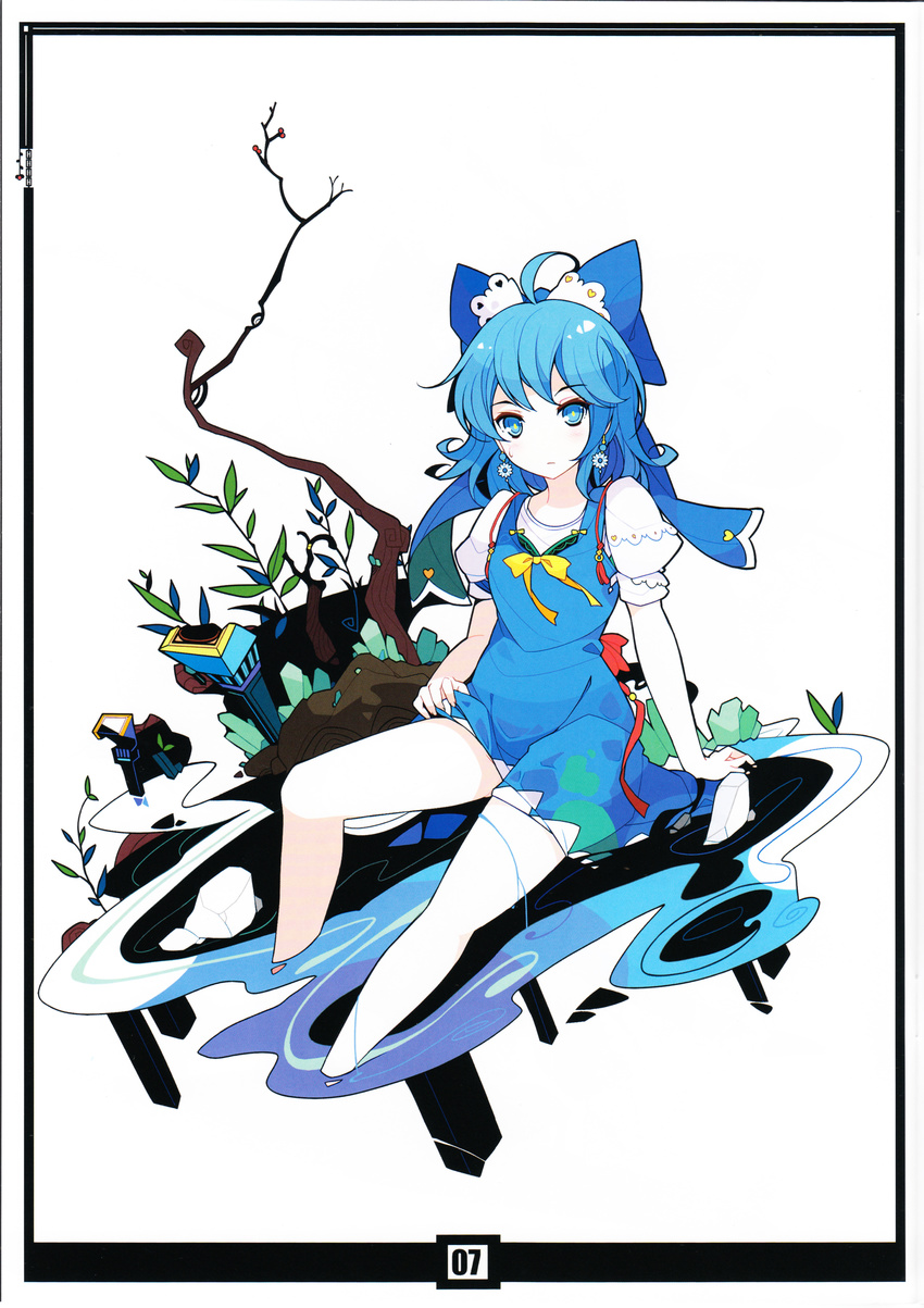 absurdres adapted_costume alternate_costume alternate_hairstyle blue_dress blue_eyes blue_hair bow cirno dress earrings full_body hair_ribbon highres ideolo jewelry leaf looking_at_viewer no_wings older partially_submerged puffy_sleeves ribbon scan short_hair short_sleeves simple_background sitting solo sweatdrop touhou water wet wet_clothes white_background