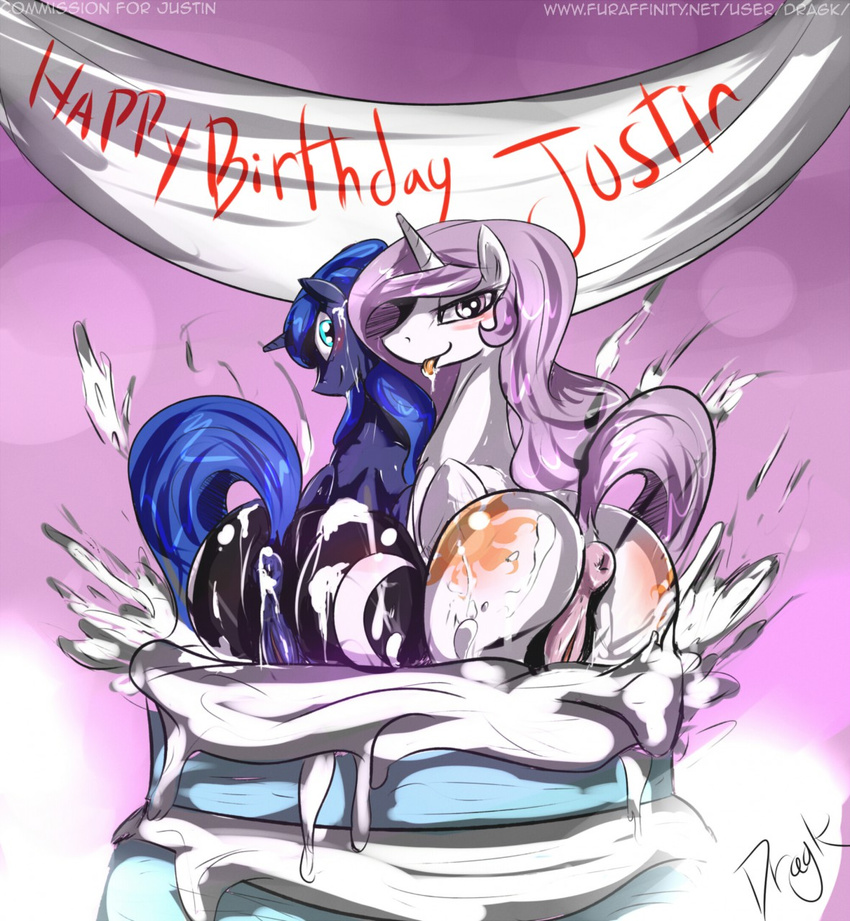 2014 anus blue_fur blue_hair blush butt cake cutie_mark dragk duo english_text equine female feral food friendship_is_magic fur hair horn lesbian long_hair looking_at_viewer mammal my_little_pony princess_celestia_(mlp) princess_luna_(mlp) princess_molestia_(mlp) pussy sibling sisters smile text tongue white_fur winged_unicorn wings