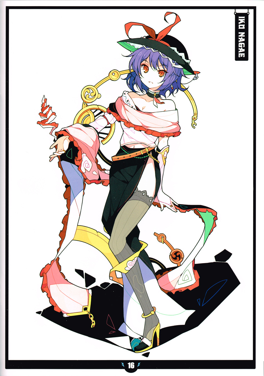 absurdres adapted_costume alternate_costume bare_shoulders belt character_name choker frills full_body gloves grey_legwear hat hat_ribbon high_heels highres ideolo long_sleeves looking_at_viewer midriff nagae_iku navel parted_lips purple_hair red_eyes ribbon scan shawl shirt short_hair simple_background skirt smile solo thighhighs touhou vest white_background
