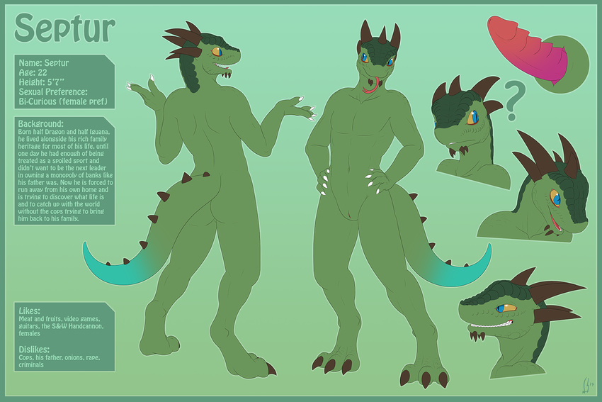 2014 ? blue_eyes bust digitigrade dragon english_text erection genital_slit grin hands_on_hips horn hybrid iguana lizard male model_sheet navel nude penis reptile scalie slit solo standing text tongue tongue_out vader-san yellow_sclera