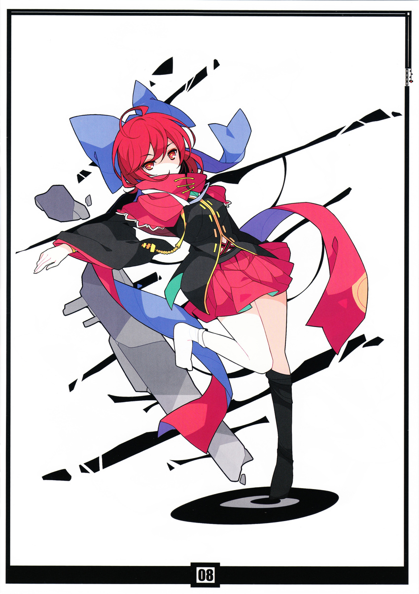 absurdres adapted_costume alternate_costume asymmetrical_legwear black_legwear cape covering_mouth full_body hair_ornament hair_ribbon highres ideolo long_sleeves looking_at_viewer outstretched_arm red_eyes red_hair ribbon scan sekibanki shirt short_hair simple_background skirt socks solo touhou vest white_background white_legwear wide_sleeves