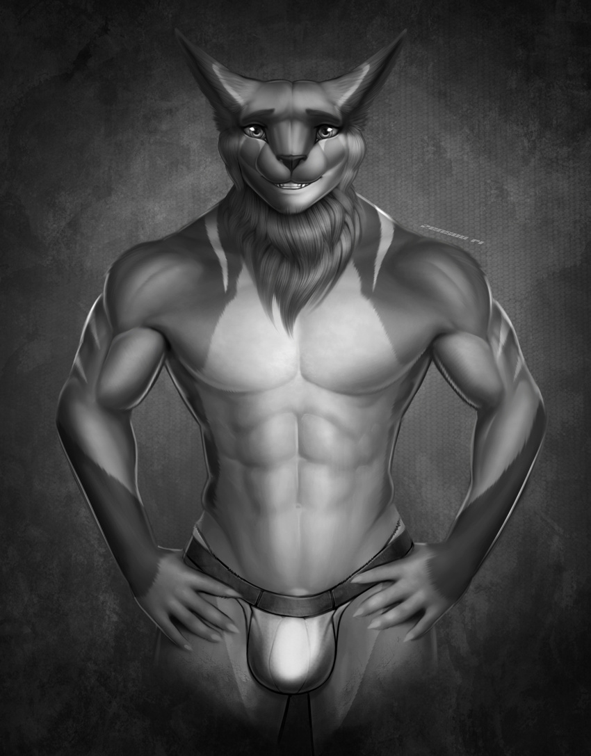 2014 abs bulge claws clothing feline hands_on_hips looking_at_viewer male mammal monochrome muscles neck_tuft pecs pirun smile solo topless underwear zensou