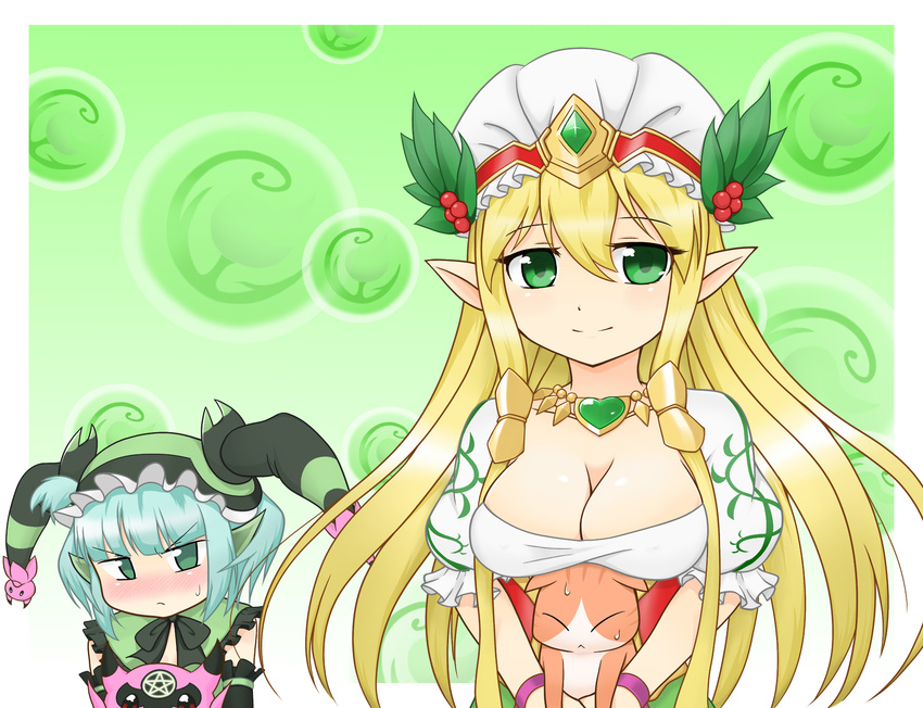 animal aqua_eyes aqua_hair astaroth_(p&amp;d) berries blonde_hair blush bow breast_envy breast_hold breasts cat cauchemar_(p&amp;d) cleavage demon_girl demon_horns freyja_(p&amp;d) frills green_bow green_eyes hairband hat highres holding holding_animal horns jester_cap jewelry large_breasts leaf long_hair looking_at_another multiple_girls necklace orb pointy_ears puffy_short_sleeves puffy_sleeves puzzle_&amp;_dragons short_hair short_sleeves smile striped sweatdrop wristband yasai_(so_zo23)