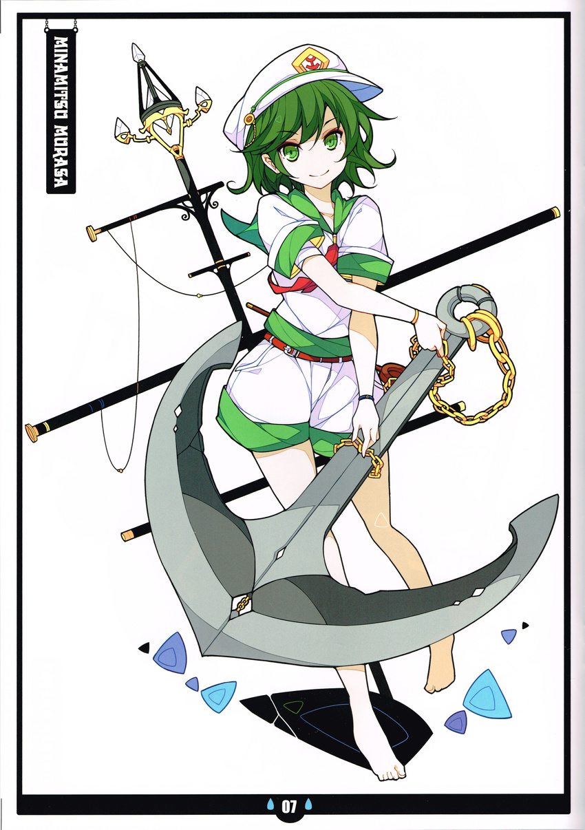 absurdres anchor ascot barefoot character_name full_body green_eyes green_hair hat highres ideolo looking_at_viewer murasa_minamitsu sailor sailor_collar sailor_hat short_hair shorts simple_background solo touhou white_background