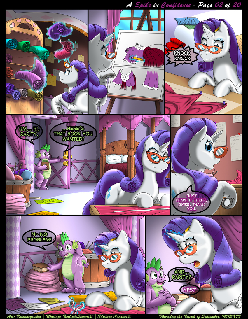 2014 bedroom blue_eyes comic concentration confession cub dialog dragon dress english_text equine eyewear fabric female friendship_is_magic glasses green_eyes horn horse inside kitsune_youkai magic male mammal my_little_pony nervous pencil pony rarity_(mlp) spike_(mlp) text twilightstormshi unicorn window young