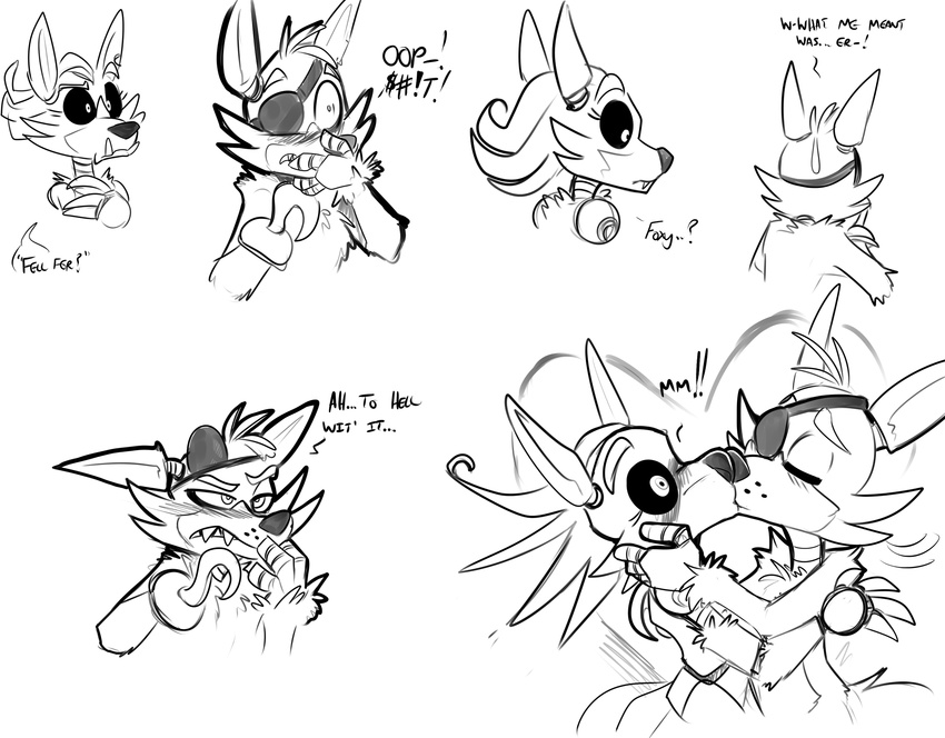 &lt;3 animatronic blush dialog english_text eye_patch eyewear female five_nights_at_freddy's foxy_(fnaf) hook kayla-na kissing male plain_background sketch text white_background