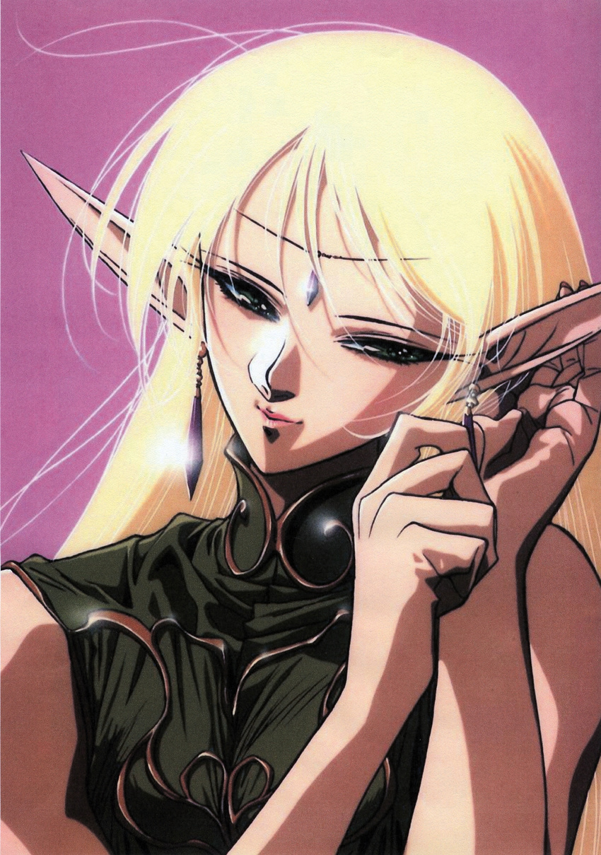 90s absurdres blonde_hair circlet closed_mouth deedlit earrings elf green_eyes highres jewelry light_smile long_hair official_art pointy_ears record_of_lodoss_war scan scan_artifacts solo upper_body yuuki_nobuteru
