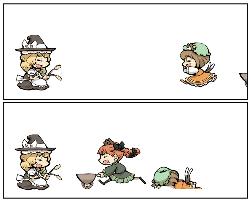 3girls ^_^ afterimage animal_ears apron bad_id bad_pixiv_id bangs black_bow black_dress black_hat blonde_hair blunt_bangs bow braid brown_hair cat_ears cat_tail cat_teaser chen chibi closed_eyes comic dress drooling ear_clip earrings ears_through_headwear from_side green_hat green_skirt hair_bow hair_ribbon hat hat_bow hounori jewelry kaenbyou_rin kirisame_marisa long_sleeves lying motion_lines multiple_girls multiple_tails on_back outstretched_arms profile puffy_short_sleeves puffy_sleeves pushing red_footwear red_hair red_skirt red_vest ribbon running shoes short_hair short_sleeves skirt skirt_set tail touhou tread_marks twin_braids twintails two_tails vest waist_apron wheelbarrow white_apron white_bow witch_hat