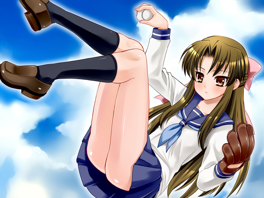 akito_(ao's_club) baseball baseball_mitt black_legwear brown_eyes brown_hair kneehighs loafers ogasawara_akiko school_uniform serafuku shoes socks solo taishou_yakyuu_musume