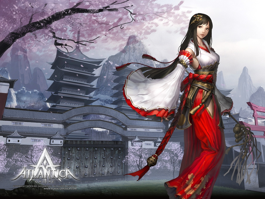 architecture atlantica_online bangs bell black_hair breasts brown_eyes cherry_blossoms closed_mouth copyright_name detached_sleeves dress east_asian_architecture feet_out_of_frame gate hair_ornament hakama highres holding japanese_clothes jewelry jingle_bell lips long_hair looking_to_the_side low-tied_long_hair miko mountain nontraditional_miko obi pagoda platform_footwear pleated_sleeves red_hakama rope sash shide solo standing straight_hair swept_bangs torii tree very_long_hair wide_sleeves