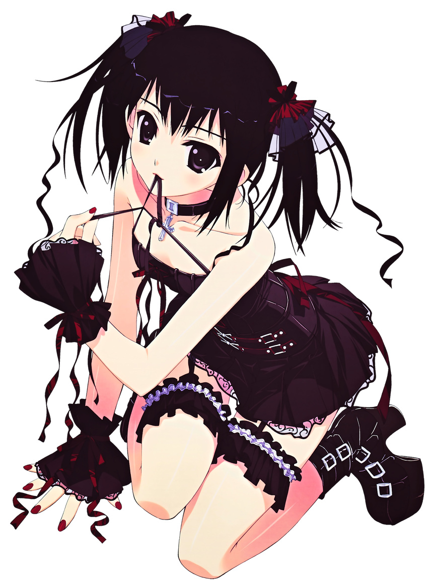 bare_shoulders black_hair boots choker copyright_request corset cross dress fingerless_gloves fingernails full_body garters gloves gothic_lolita highres lolita_fashion murakami_suigun nail_polish red_nails solo transparent_background twintails