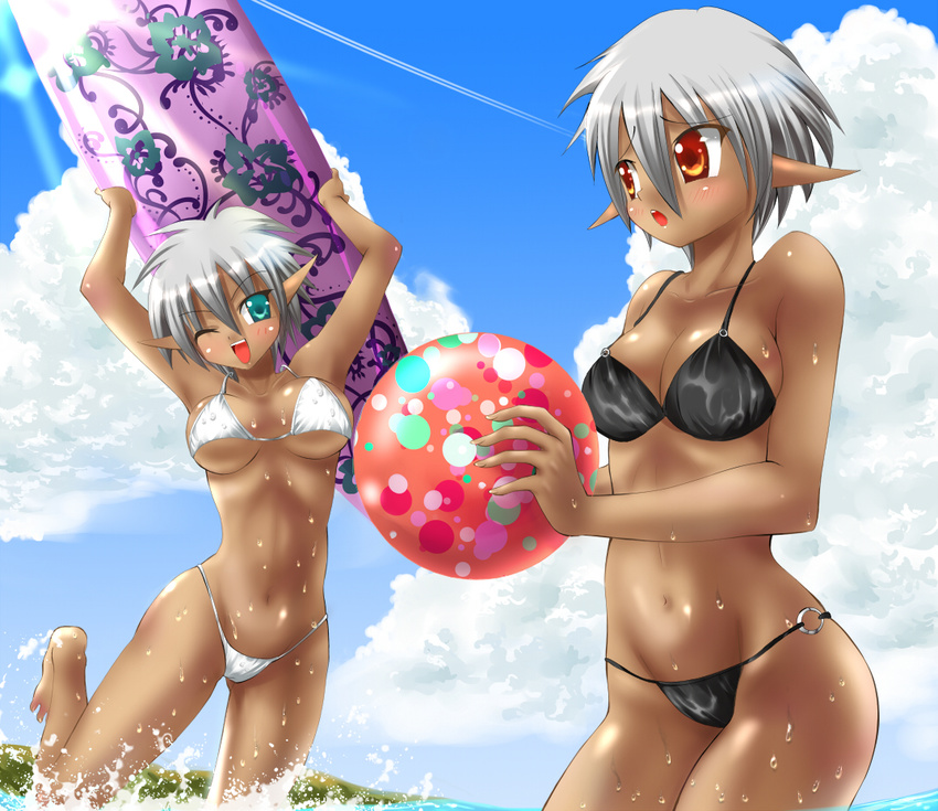 ball beachball bikini buront dark_skin final_fantasy final_fantasy_xi final_tatsuya genderswap green_eyes multiple_girls nagare one_eye_closed orange_eyes pointy_ears silver_hair splashing surfboard swimsuit wading