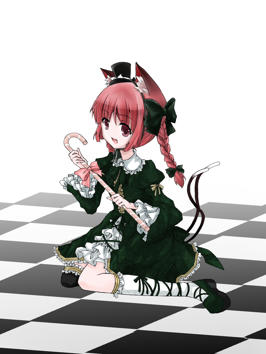 animal_ears bad_id bad_pixiv_id braid cane cat_ears cat_tail checkered gothic_lolita hat highres kaenbyou_rin kneeling lolita_fashion multiple_tails red_eyes red_hair shrie solo tail touhou twin_braids