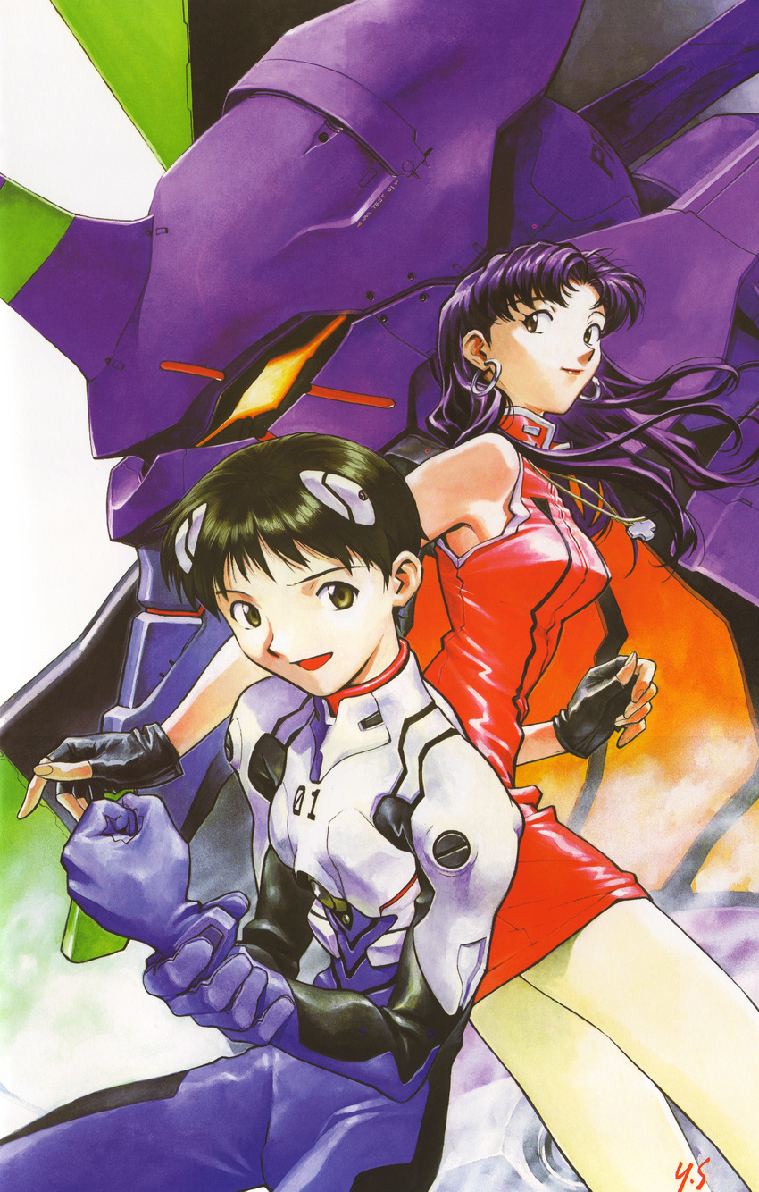 1girl absurdres black_hair bodysuit brown_eyes cross earrings eva_01 fingerless_gloves gloves highres ikari_shinji jewelry katsuragi_misato long_hair mecha necklace neon_genesis_evangelion plugsuit purple_hair sadamoto_yoshiyuki scan