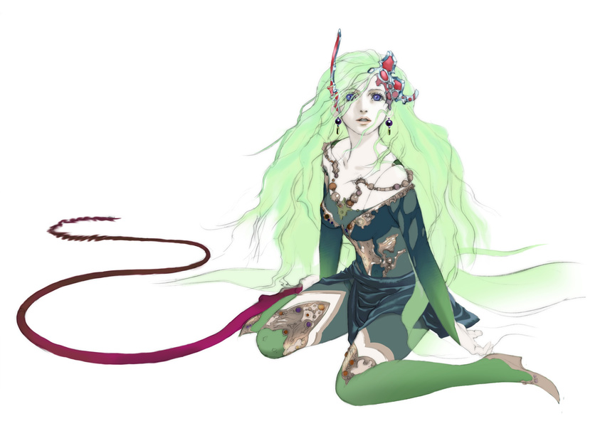 bare_shoulders blue_eyes boots earrings final_fantasy final_fantasy_iv final_fantasy_iv_the_after green_footwear green_hair highres jewelry long_hair official_art oguro_akira older rydia solo thighhighs whip