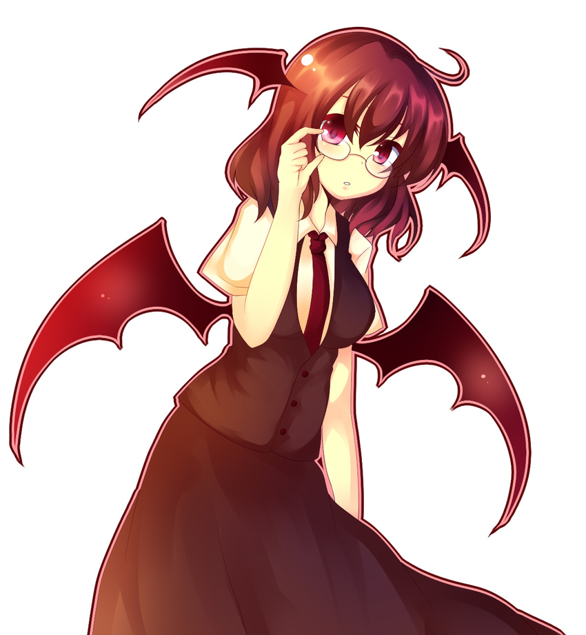 adjusting_eyewear ahoge alternate_hair_length alternate_hairstyle bad_id bad_pixiv_id bat_wings bespectacled breasts collared_shirt glasses head_wings highres koakuma looking_at_viewer low_wings medium_breasts necktie outline pink_eyes puffy_short_sleeves puffy_sleeves red_hair shirt short_hair short_sleeves simple_background skirt skirt_set solo touhou uranaishi_(miraura) vest white_background wings